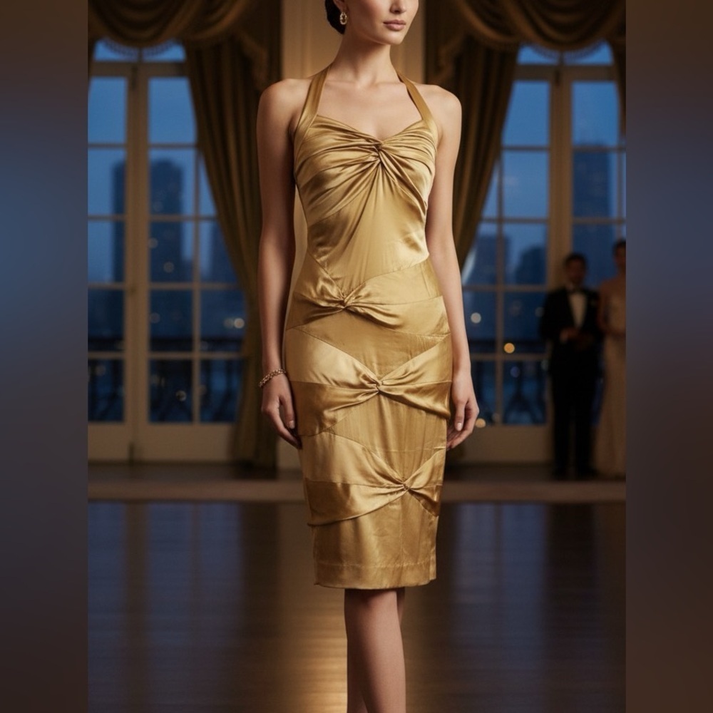 Marciano Golden Knot Silk Midi Dress